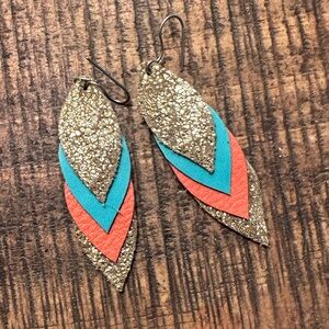 Gold Glitter and Multicolor Leather Leaf Earrings